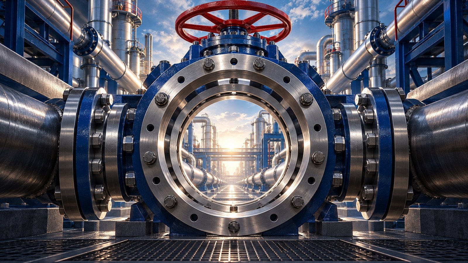 Large industrial valve framing a factory in the distance