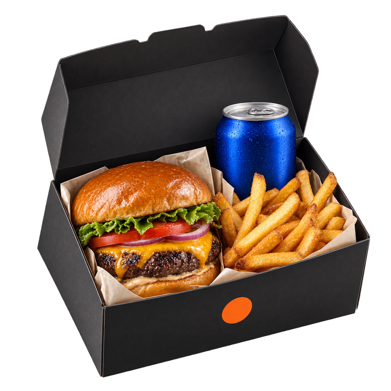 SIDEQUEST meal box with burger, fries, and soda